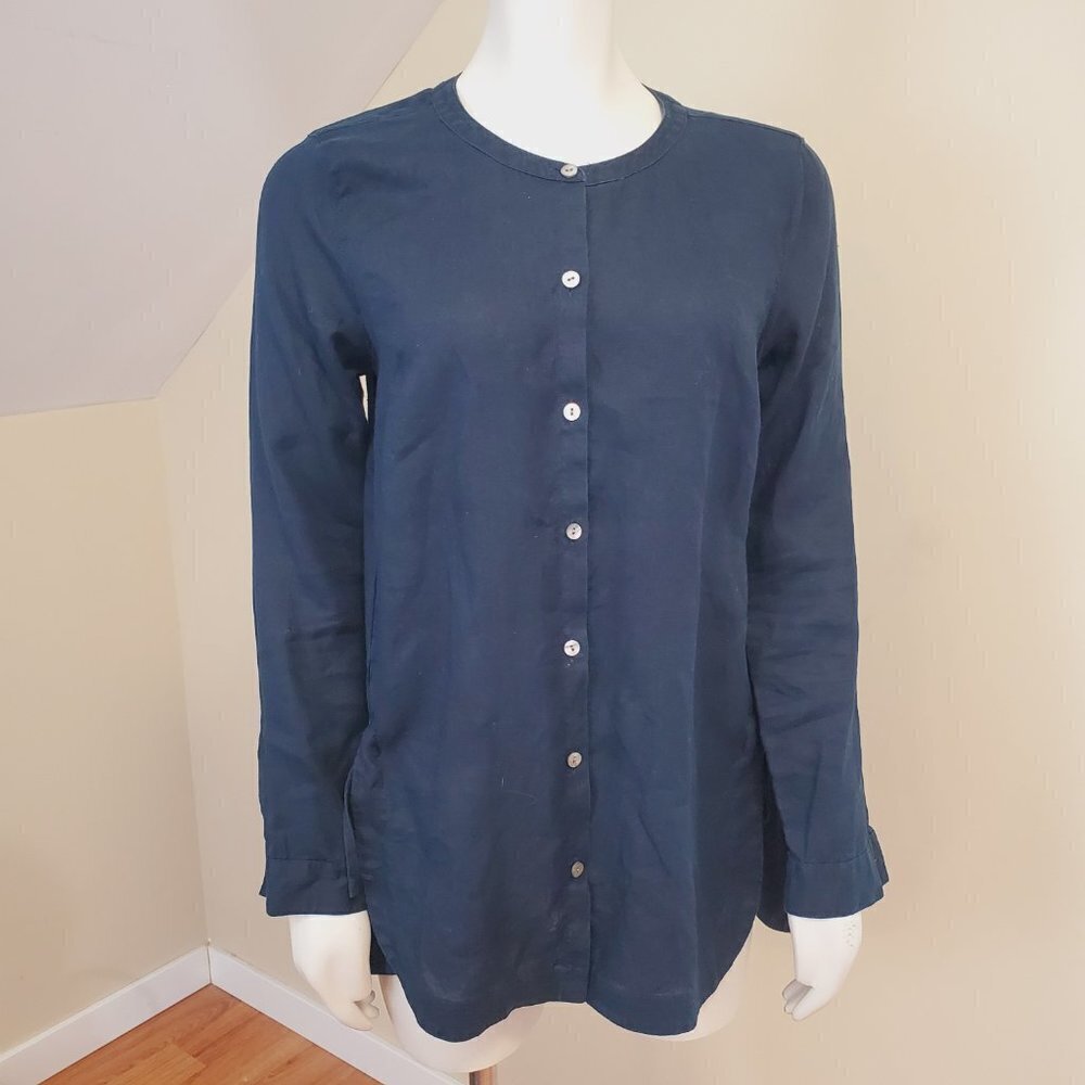 J. Jill Love Linen Button Down Side Tie Tunic Top Dark Navy Blue womens Sz XS - Picture 3 of 13